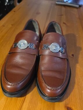 Versace Brown Leather Medusa Bit Loafers